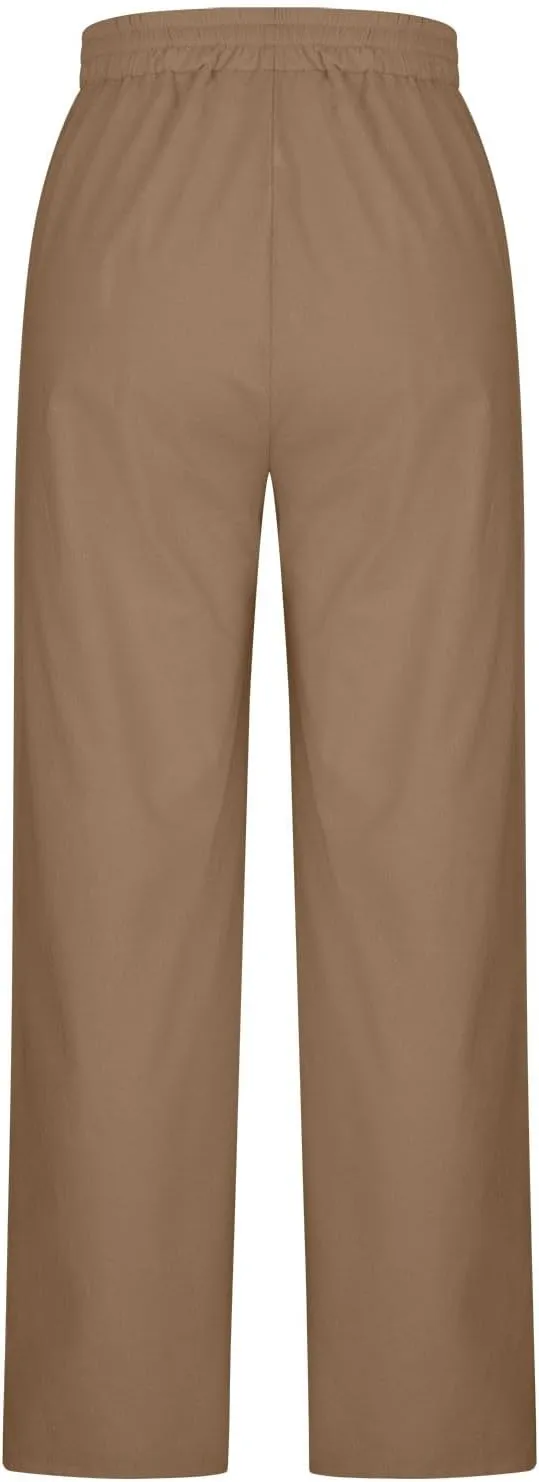 Ruziyoog Women's Cotton Linen Pants Summer Drawstring Waist Wide Leg Lounge Palazzo Pants Casual Loose Yoga Trousers