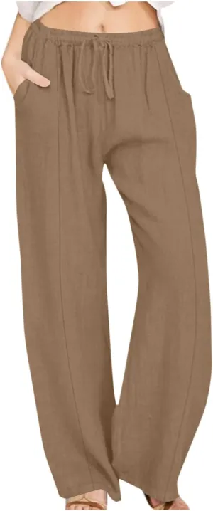Ruziyoog Women's Cotton Linen Pants Summer Drawstring Waist Wide Leg Lounge Palazzo Pants Casual Loose Yoga Trousers