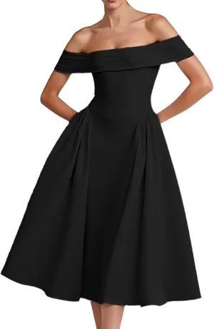 Satin Off The Shoulder Formal Midi Dress for Women A Line Ruched Tea Length Prom Party Womens Midi Casual Dresses