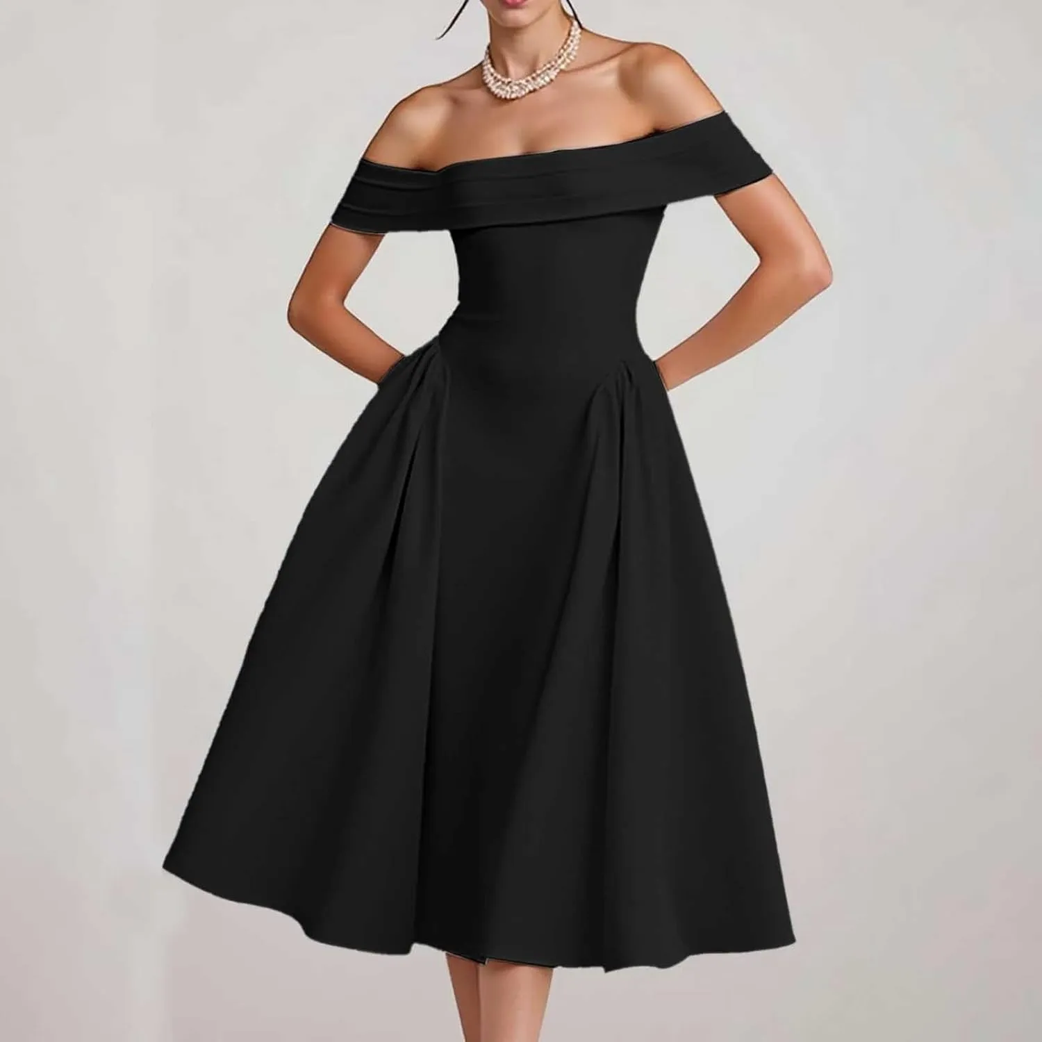 Satin Off The Shoulder Formal Midi Dress for Women A Line Ruched Tea Length Prom Party Womens Midi Casual Dresses