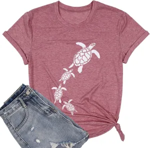 Sea Turtle Graphic T-Shirt Women Vintage Animal Print Shirt Hawaiian Summer Beach Tee Casual Short Sleeve Vacation Top