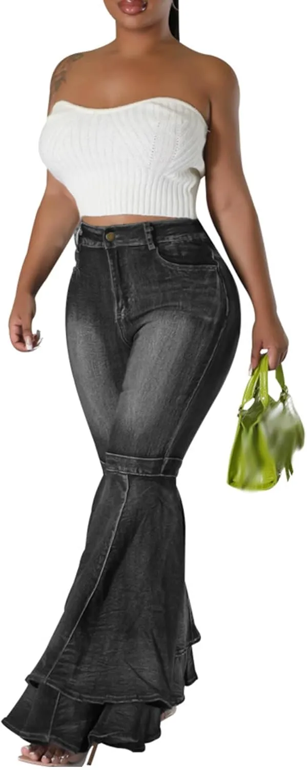SEMATOMALA Women's Ruffle Bell Bottom Jeans Flared Leg Denim Pants High Waisted 70s Classic Retro Outfits
