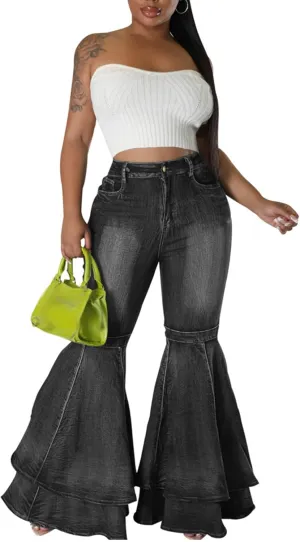 SEMATOMALA Women's Ruffle Bell Bottom Jeans Flared Leg Denim Pants High Waisted 70s Classic Retro Outfits