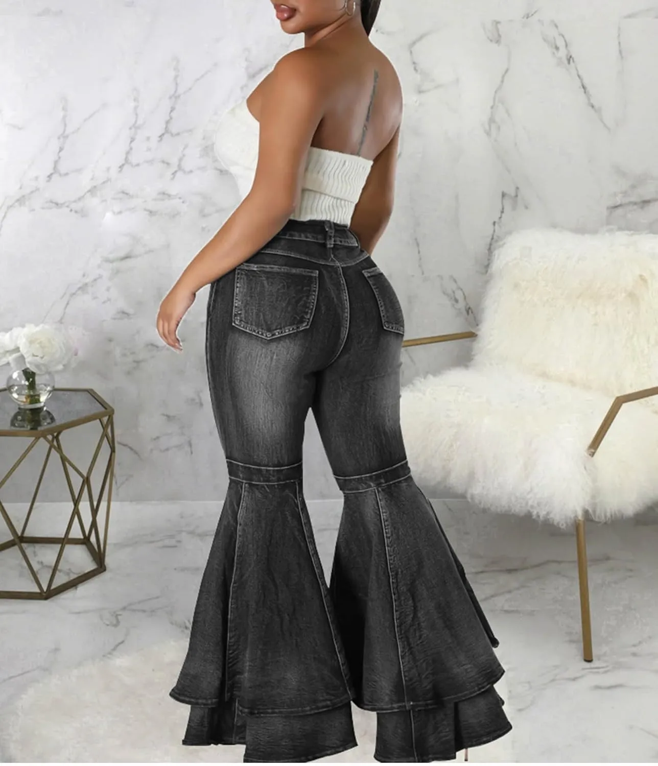 SEMATOMALA Women's Ruffle Bell Bottom Jeans Flared Leg Denim Pants High Waisted 70s Classic Retro Outfits