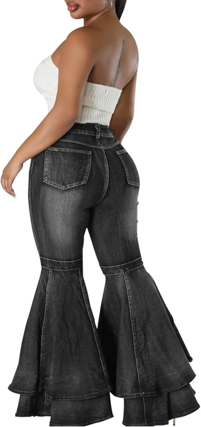 SEMATOMALA Women's Ruffle Bell Bottom Jeans Flared Leg Denim Pants High Waisted 70s Classic Retro Outfits
