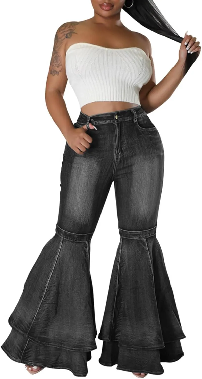 SEMATOMALA Women's Ruffle Bell Bottom Jeans Flared Leg Denim Pants High Waisted 70s Classic Retro Outfits