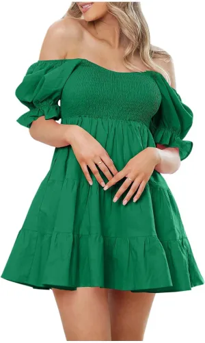 Sexy Dresses for Women 2025 Summer Cotton Lantern Sleeves Short Sundress Ruffled Off Shoulder A-Line Mini Dresses
