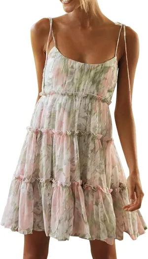 Sexy Dresses for Women Date Night Spaghetti Strap Smocked Tiered Short Floral Dress Chiffon Ruffle Boho Mini Dress