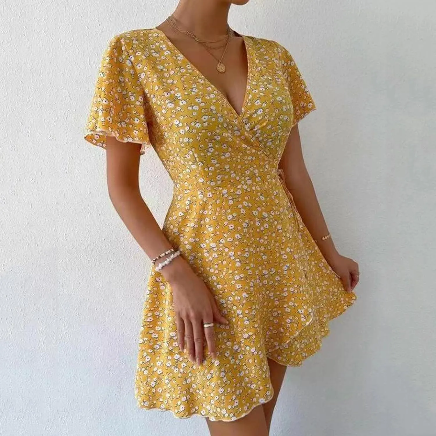 Sexy Dresses for Women V Neck Short Sleeve Casual Short Summer Dresses Boho Ruffle Tie Waist Flowy Floral Mini Dress