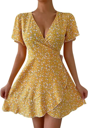 Sexy Dresses for Women V Neck Short Sleeve Casual Short Summer Dresses Boho Ruffle Tie Waist Flowy Floral Mini Dress