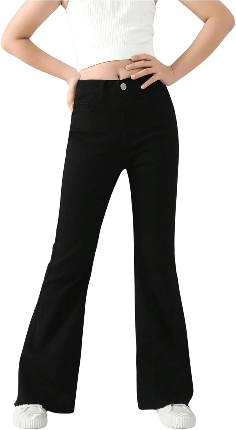 SHENHE Girl's High Waisted Flare Leg Frayed Raw Hem Bell Bottom Jeans Denim Pants