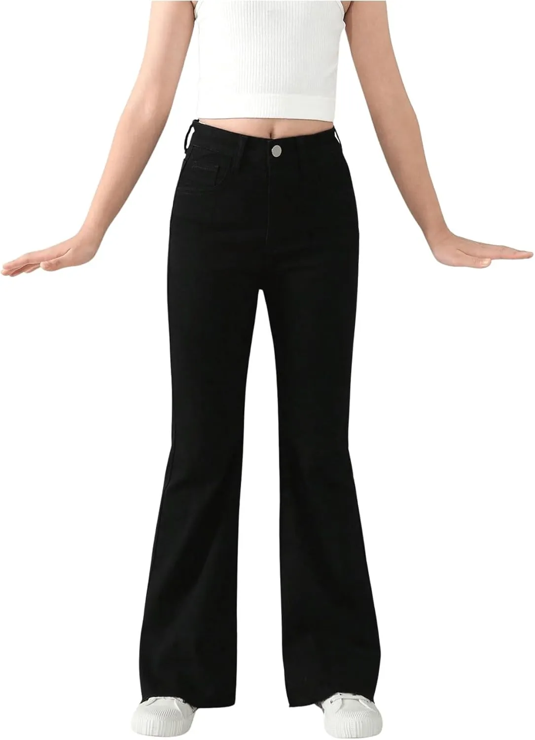 SHENHE Girl's High Waisted Flare Leg Frayed Raw Hem Bell Bottom Jeans Denim Pants