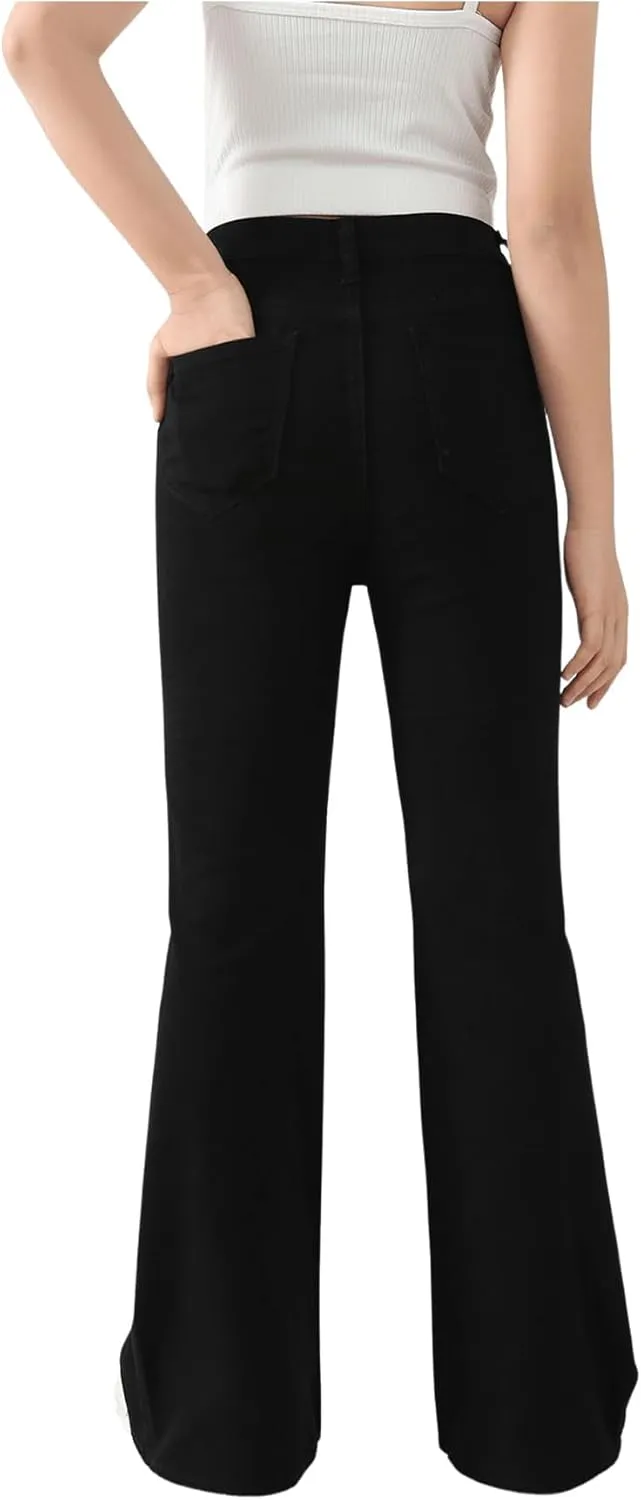 SHENHE Girl's High Waisted Flare Leg Frayed Raw Hem Bell Bottom Jeans Denim Pants