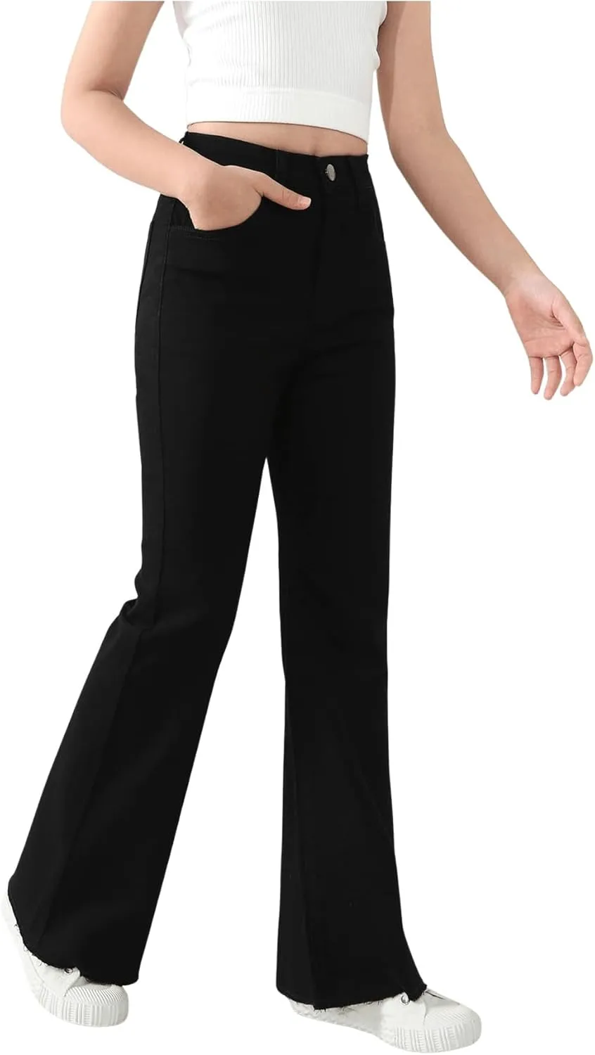 SHENHE Girl's High Waisted Flare Leg Frayed Raw Hem Bell Bottom Jeans Denim Pants