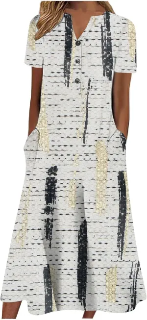 Short Sleeve Dress for Women Elegant Smocked Flowy Casual Formal Plus Size Summer Sexy V Neck Button Down Midi Dress
