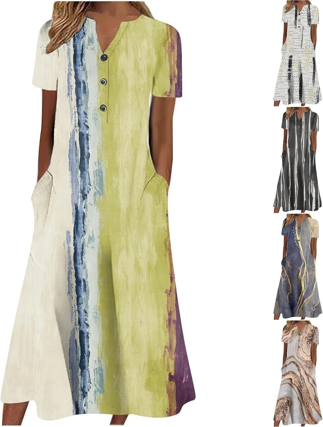 Short Sleeve Dress for Women Elegant Smocked Flowy Casual Formal Plus Size Summer Sexy V Neck Button Down Midi Dress