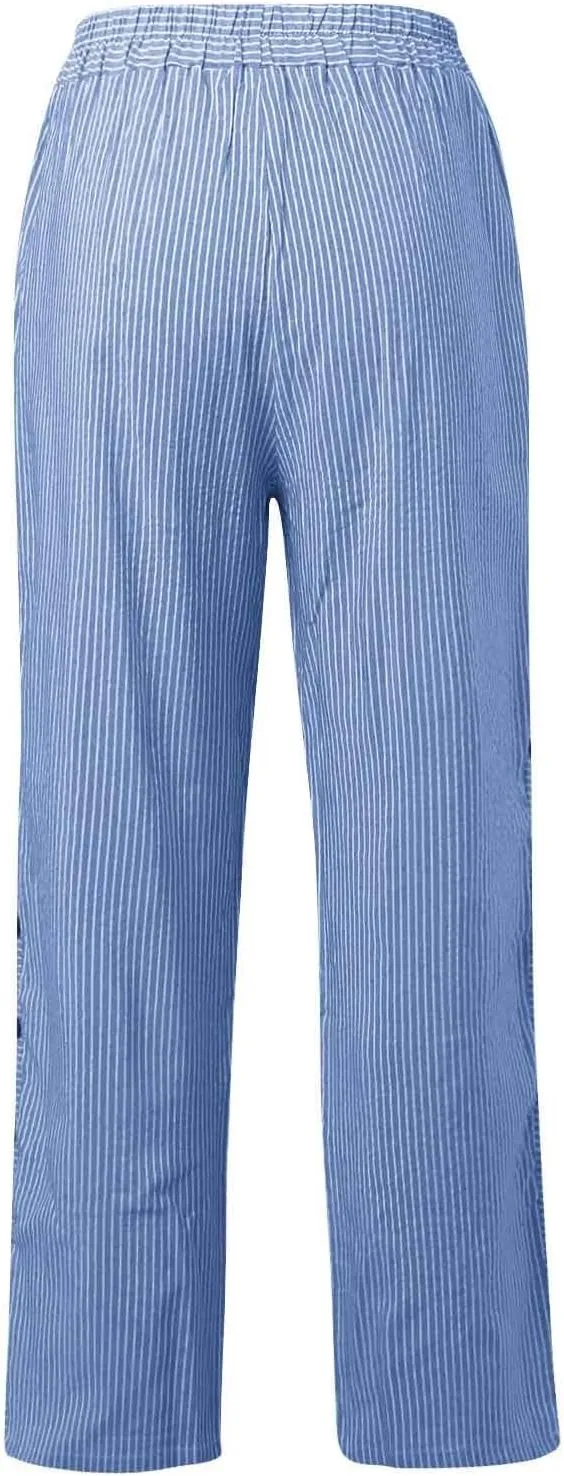 Side Button Pants Womens Striped Straight Leg Casual Pants Elastic Waist Baggy Trendy Trousers with Pocket