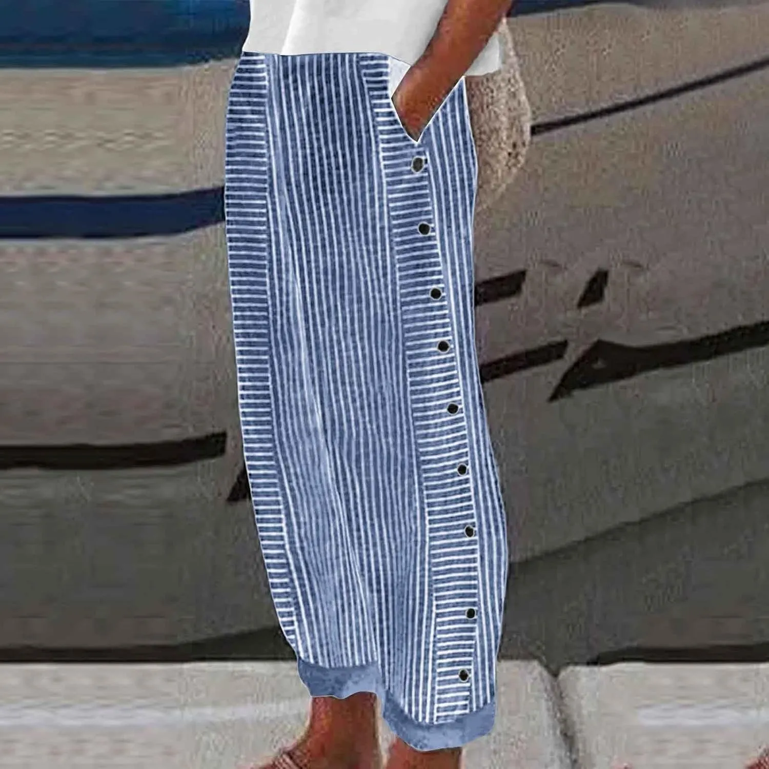 Side Button Pants Womens Striped Straight Leg Casual Pants Elastic Waist Baggy Trendy Trousers with Pocket