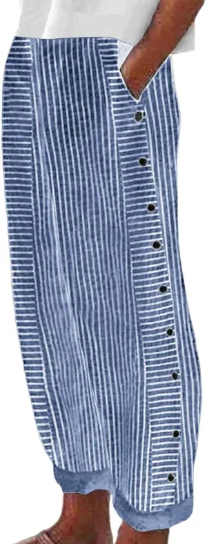Side Button Pants Womens Striped Straight Leg Casual Pants Elastic Waist Baggy Trendy Trousers with Pocket