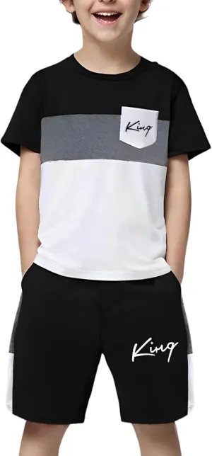 Size 6-12 Years Boys Summer Outfits Set Kids Short Sleeve Top T-Shirt & Shorts Color Block Clothing Sets