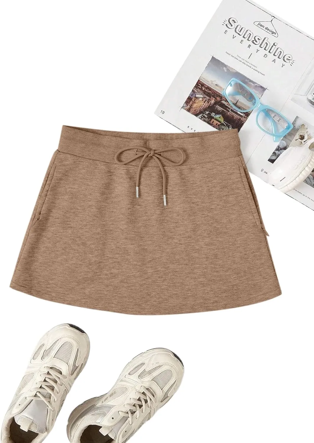 SOFIA'S CHOICE Mini Skirts for Women Summer Drawstring High Waist Sweat Skirt with Pockets