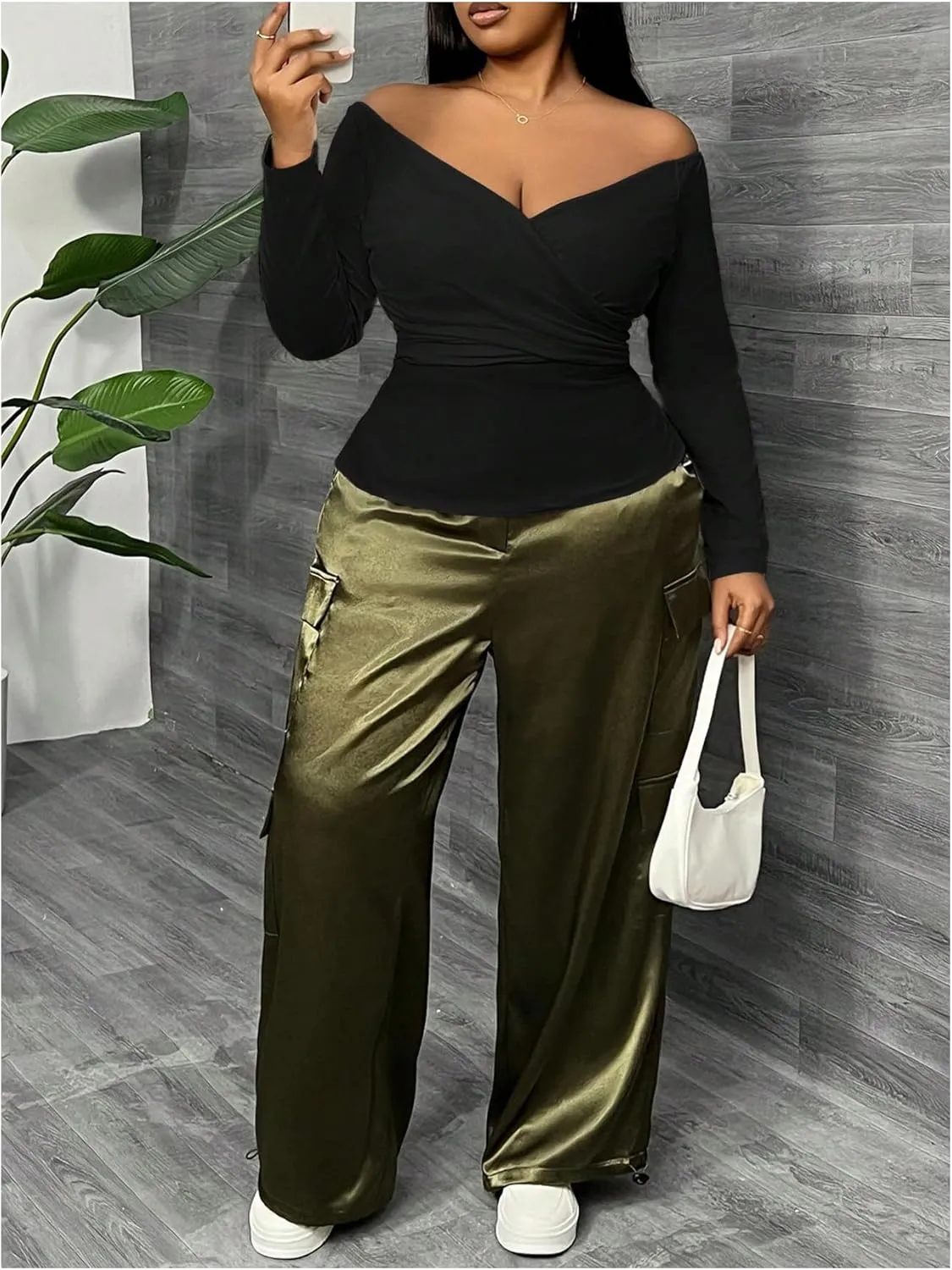 SOLY HUX Women's Plus Size Off Shoulder Tops Ruched Wrap Long Sleeve Shirt Casual Slim Fit Tee Shirts