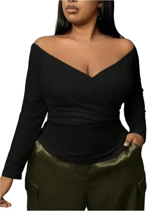 SOLY HUX Women's Plus Size Off Shoulder Tops Ruched Wrap Long Sleeve Shirt Casual Slim Fit Tee Shirts