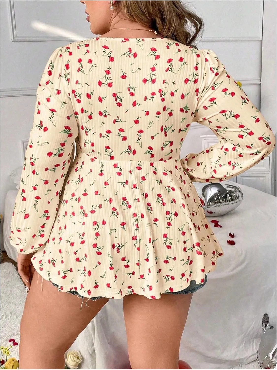 SOLY HUX Women's Plus Size T Shirt Floral Print Lace Trim Bishop Long Sleeve Ruffle Hem Tee Tops