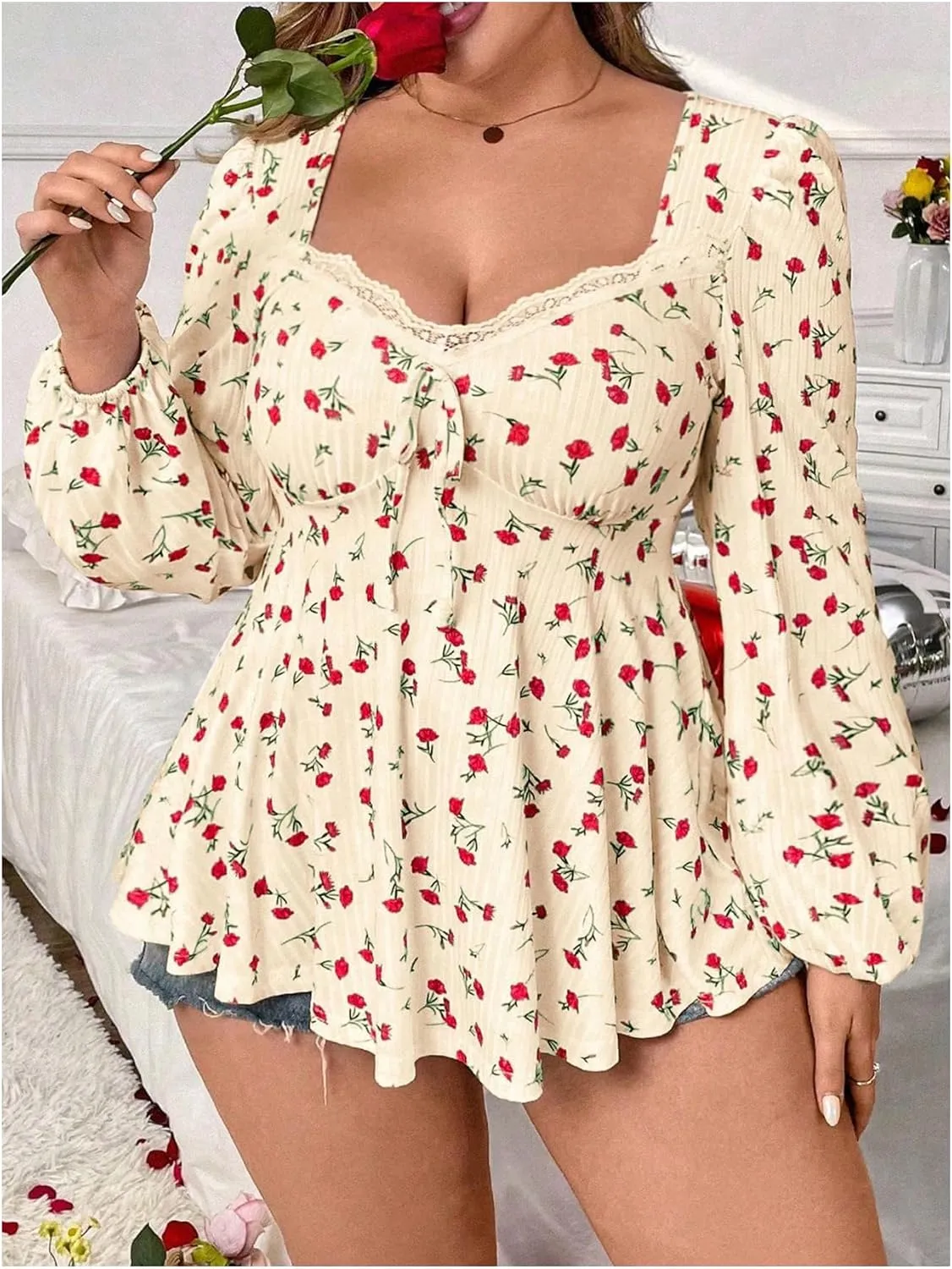 SOLY HUX Women's Plus Size T Shirt Floral Print Lace Trim Bishop Long Sleeve Ruffle Hem Tee Tops