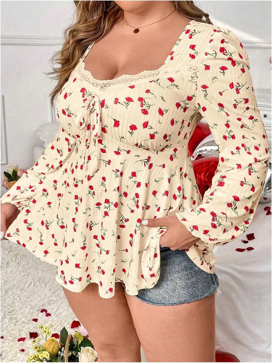 SOLY HUX Women's Plus Size T Shirt Floral Print Lace Trim Bishop Long Sleeve Ruffle Hem Tee Tops