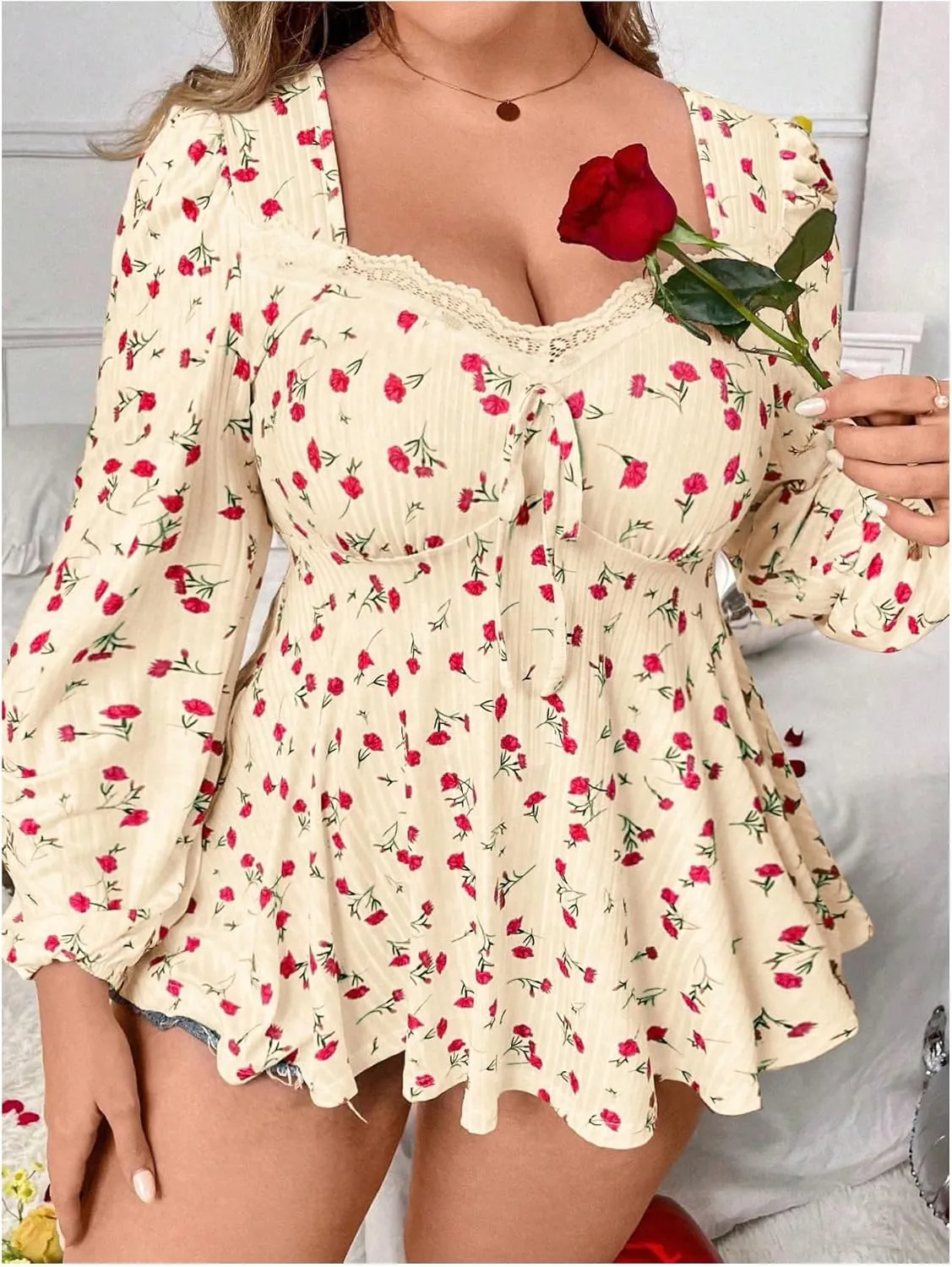 SOLY HUX Women's Plus Size T Shirt Floral Print Lace Trim Bishop Long Sleeve Ruffle Hem Tee Tops