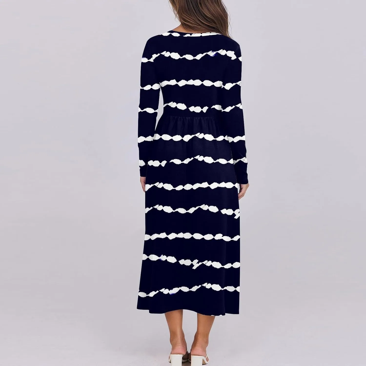 Spring Dresses for Women 2025 Long Sleeve O Neck Midi Tea Length Boho Vacation Trendy Waist Cruise Dress