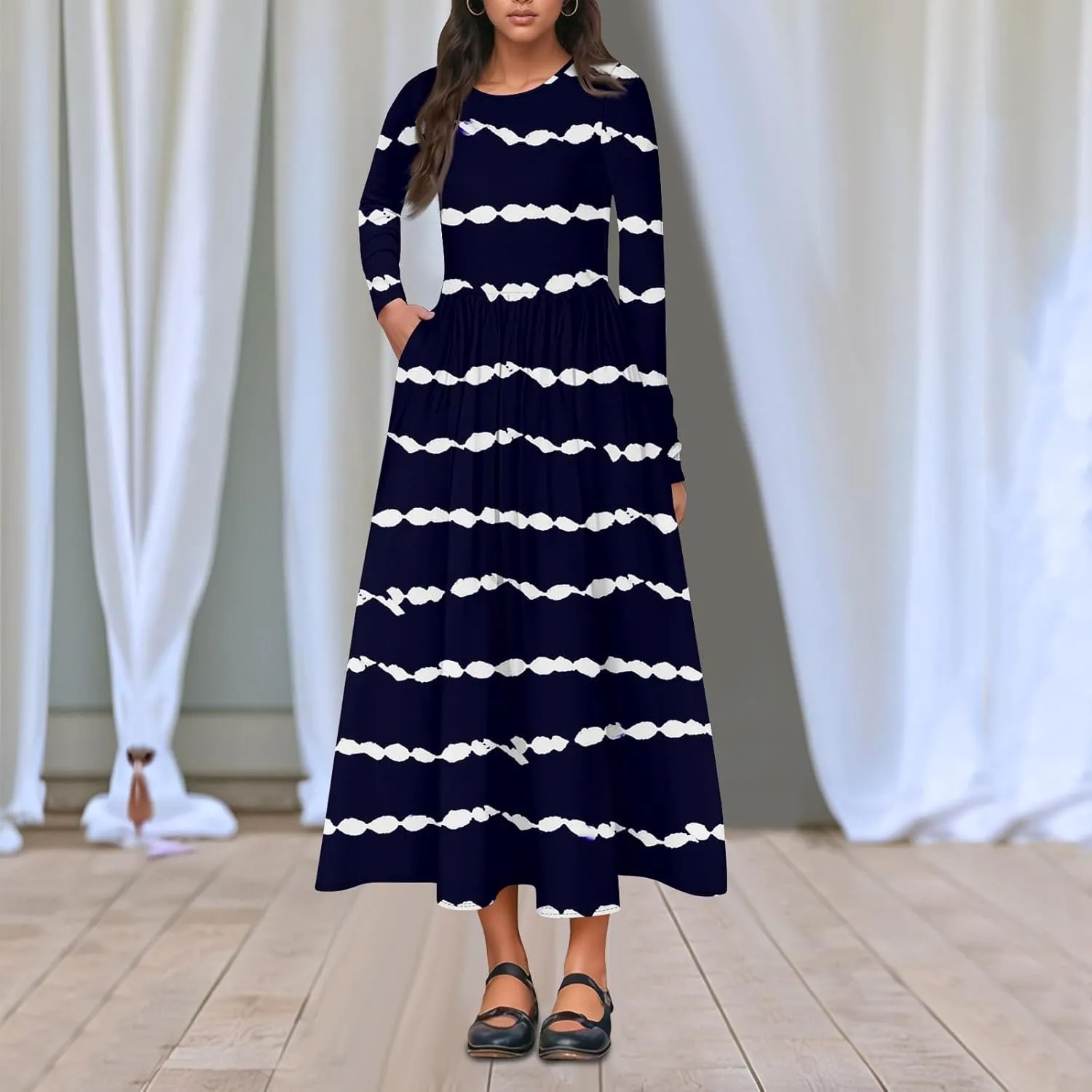 Spring Dresses for Women 2025 Long Sleeve O Neck Midi Tea Length Boho Vacation Trendy Waist Cruise Dress