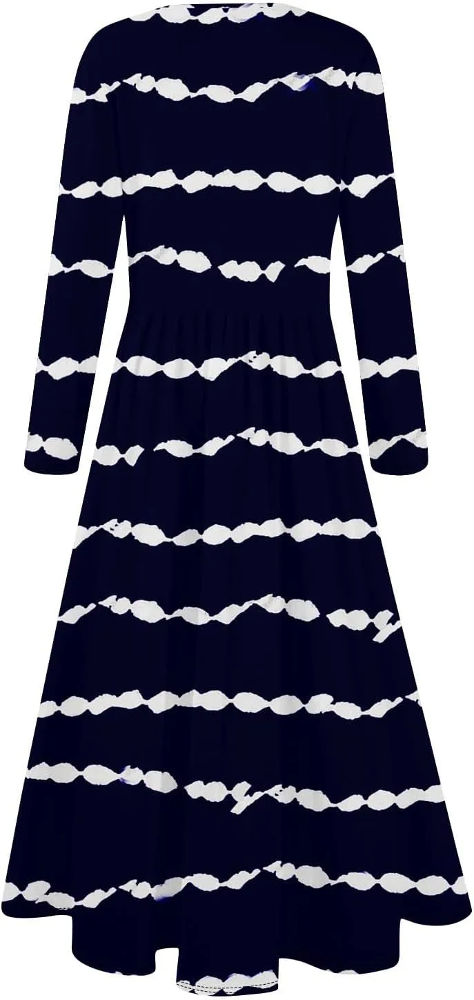 Spring Dresses for Women 2025 Long Sleeve O Neck Midi Tea Length Boho Vacation Trendy Waist Cruise Dress