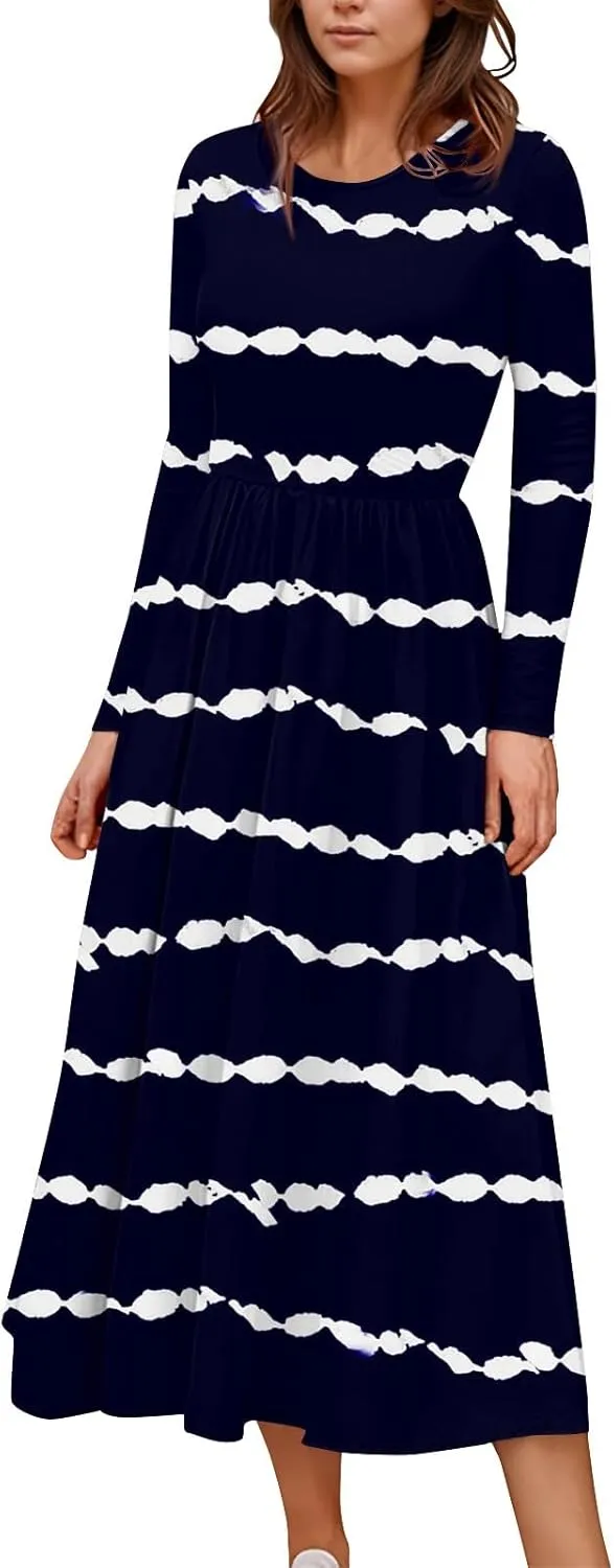 Spring Dresses for Women 2025 Long Sleeve O Neck Midi Tea Length Boho Vacation Trendy Waist Cruise Dress