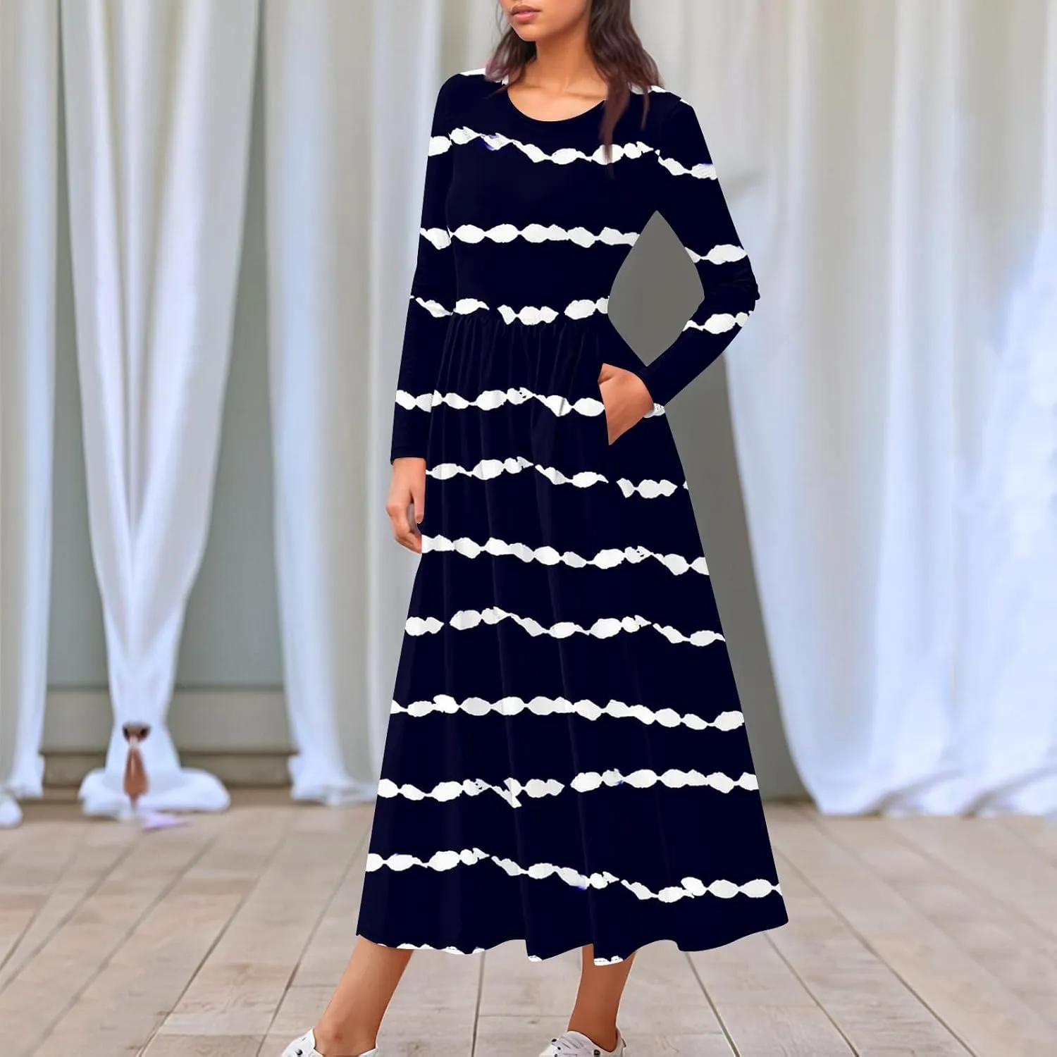 Spring Dresses for Women 2025 Long Sleeve O Neck Midi Tea Length Boho Vacation Trendy Waist Cruise Dress