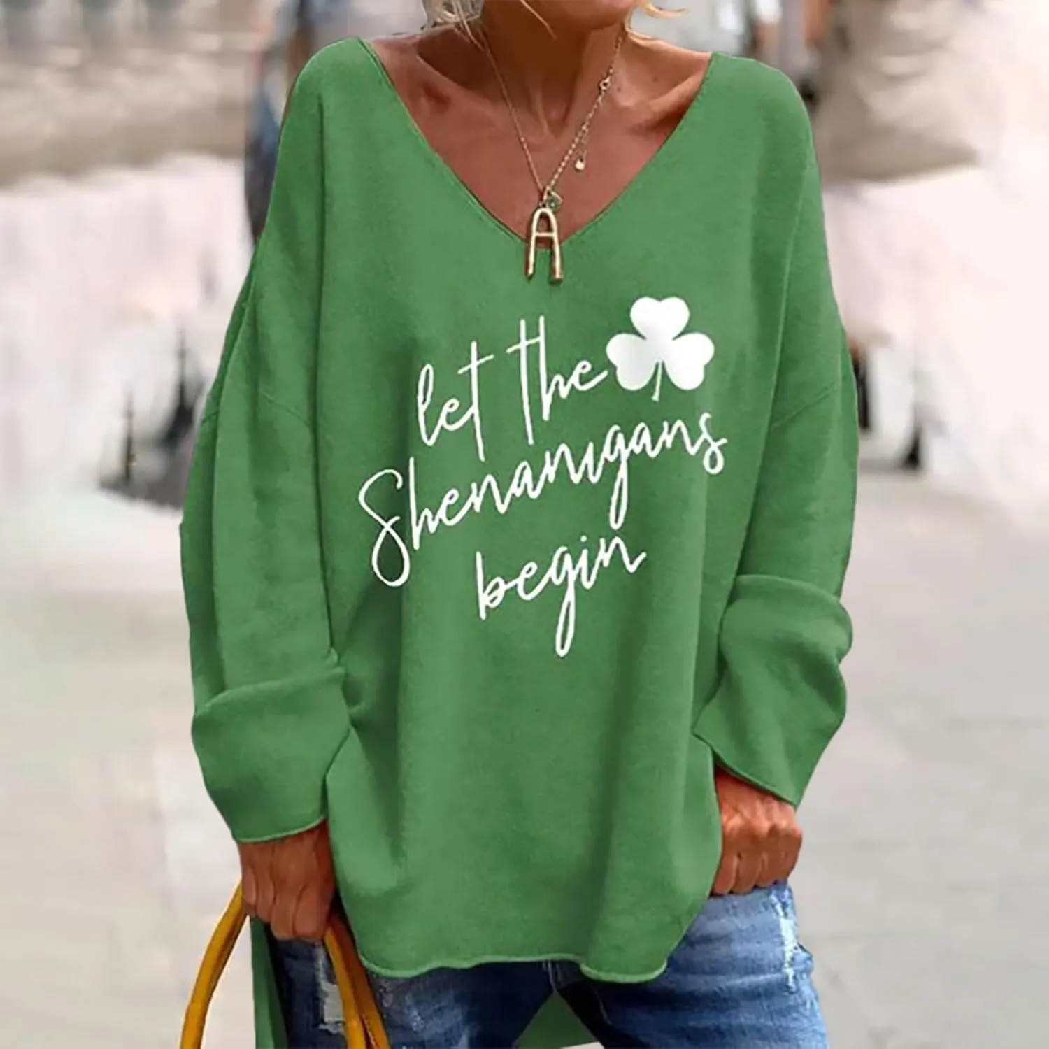 St Patricks Day Shirt Women V Neck Irish Clover Shamrock Print Shirts Funny Long Sleeve St Patty Day Outfit