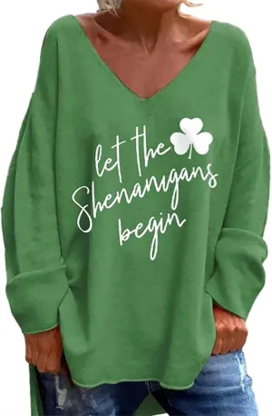 St Patricks Day Shirt Women V Neck Irish Clover Shamrock Print Shirts Funny Long Sleeve St Patty Day Outfit