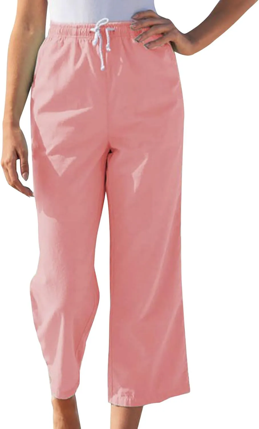 Straight Wide Leg Pants for Women Summer Trendy Cotton Linen Ankle Pants Drawstring Elastic Waist Cropped Trousers