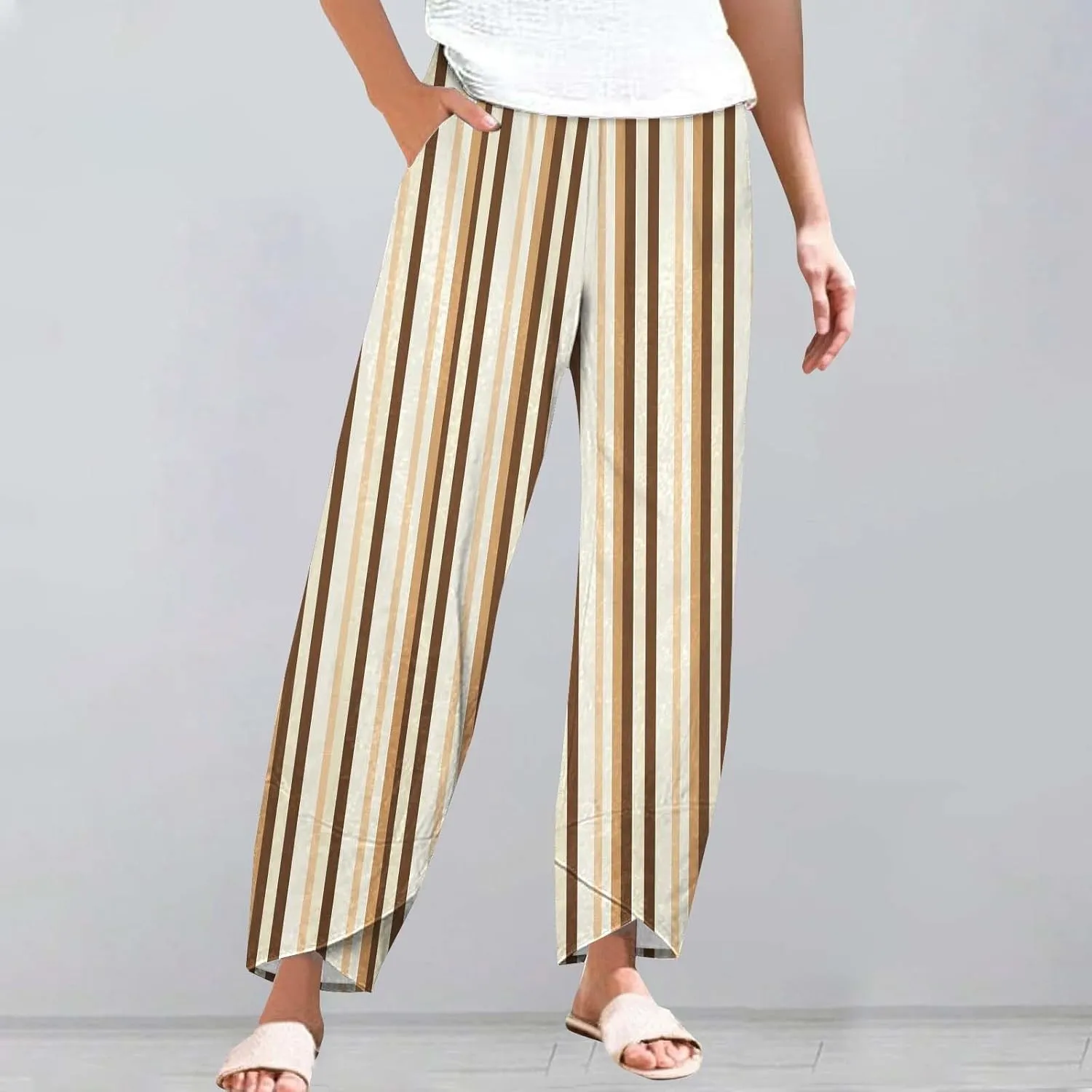 Striped Linen Pants Women 2025 Plus Size Wide Leg Cropped Pants Summer High Waist Lightweight Trousers with Pockets