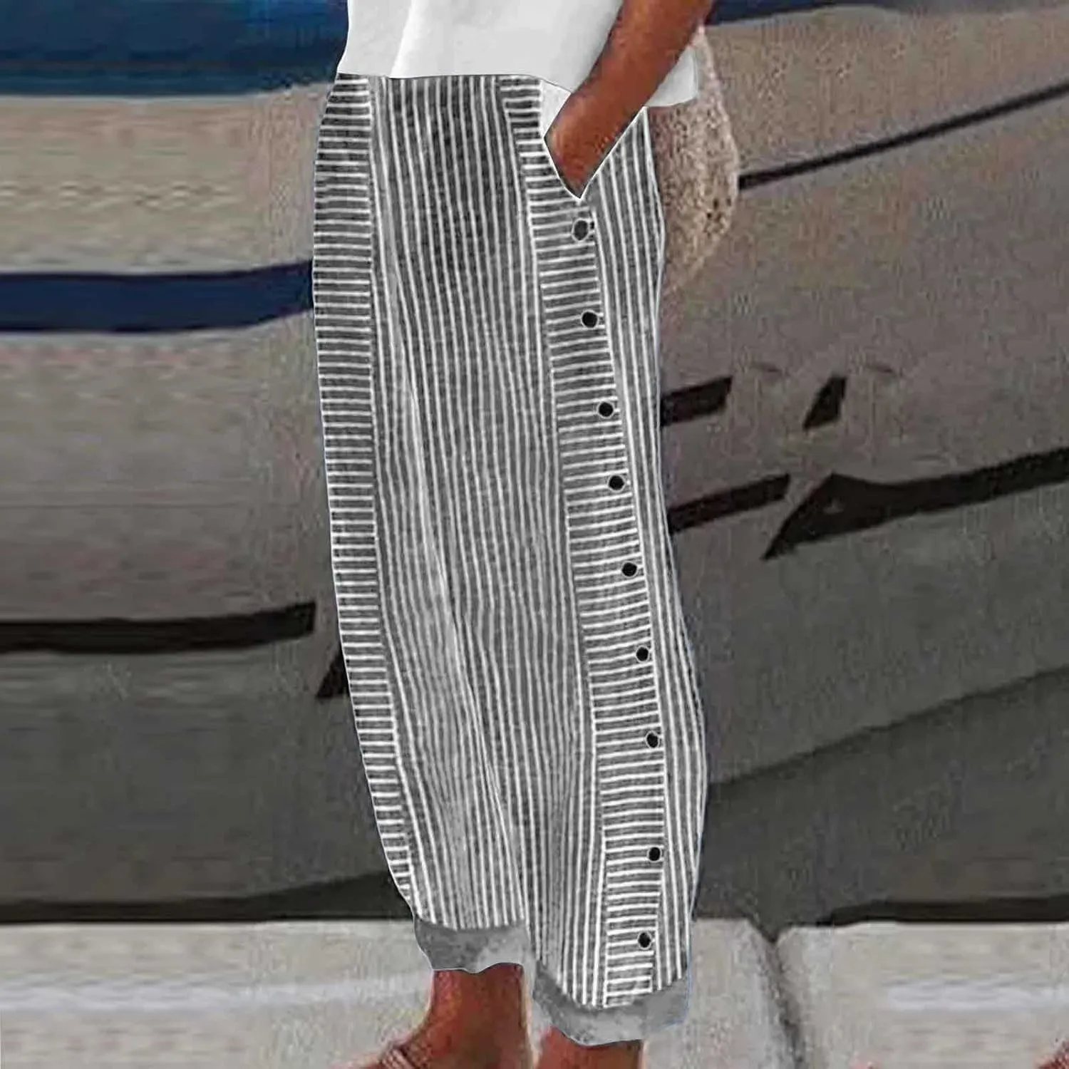 Striped Pants Women Side Button Elastic Waist Summer Casual Pants Straight Leg Plus Size Trendy Trousers with Pocket