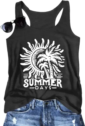 Summer Beach Tank Tops for Women Retro Sunshine Coconut Tree Graphic Sleeveless Tee Hawaiian Family Vacation Tops
