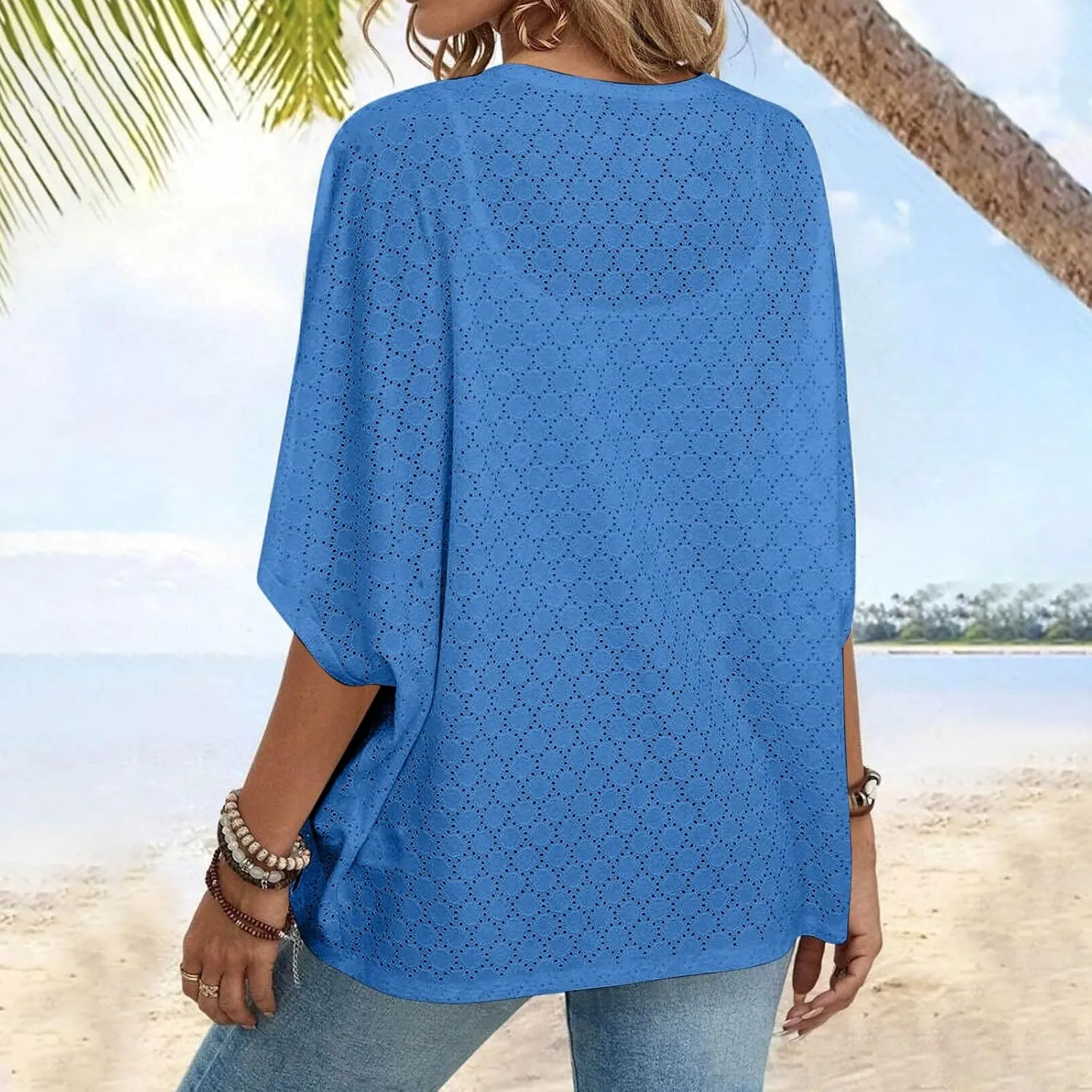 Summer Cardigans for Women Lightweight Kimono Cardigan Short Sleeve Eyelet Loose Fit Beach Wear Casual Cover Up Tops