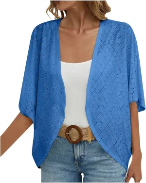 Summer Cardigans for Women Lightweight Kimono Cardigan Short Sleeve Eyelet Loose Fit Beach Wear Casual Cover Up Tops