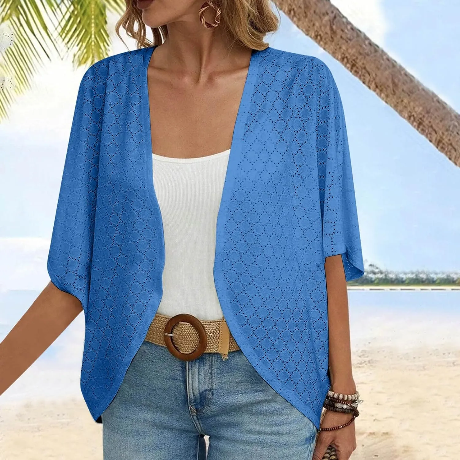 Summer Cardigans for Women Lightweight Kimono Cardigan Short Sleeve Eyelet Loose Fit Beach Wear Casual Cover Up Tops
