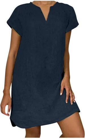 Summer Cotton Linen Dresses Women 2025 Casual Solid V Neck Short Sleeve Dress Slim Beach Vacation Knee Length Dresses