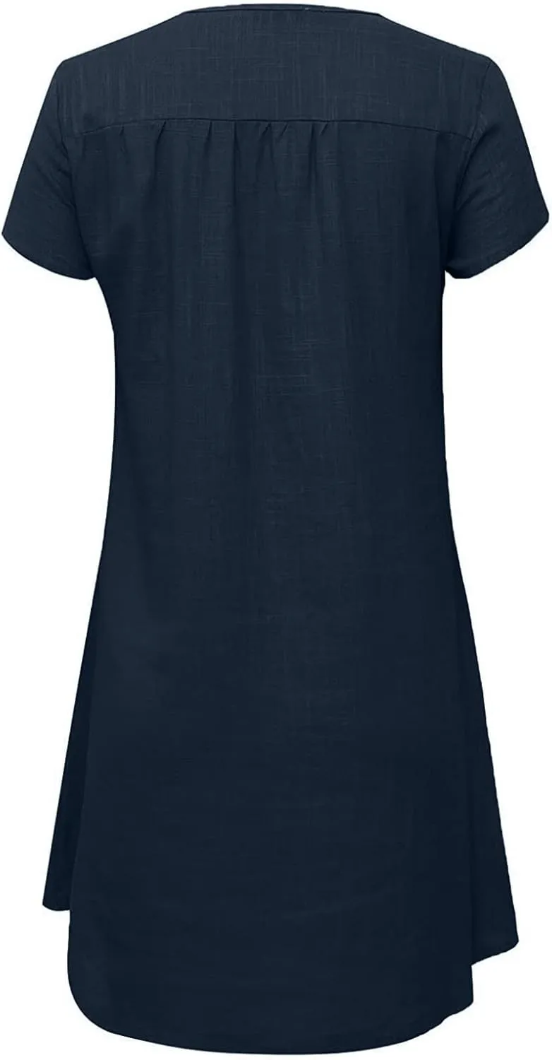 Summer Cotton Linen Dresses Women 2025 Casual Solid V Neck Short Sleeve Dress Slim Beach Vacation Knee Length Dresses