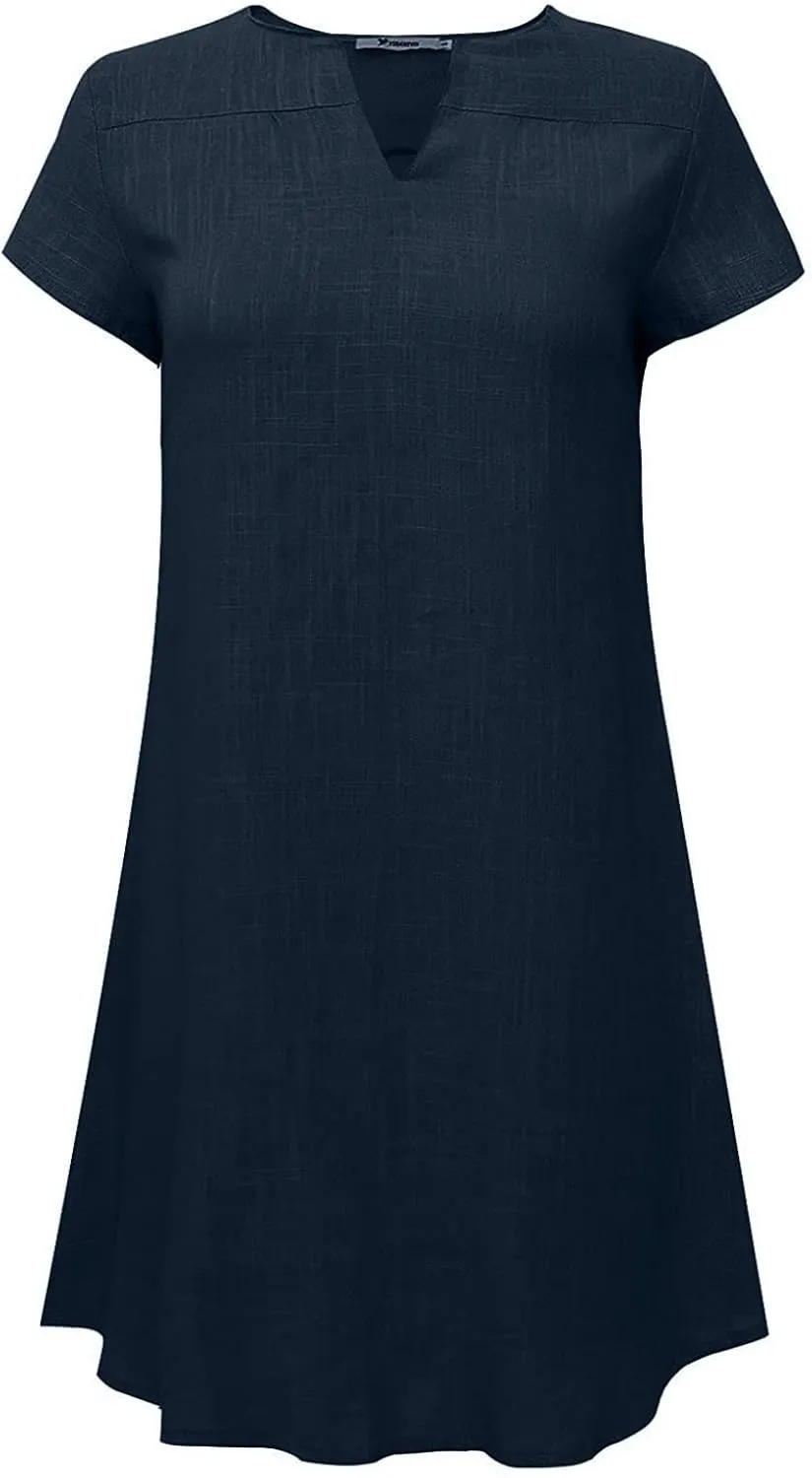 Summer Cotton Linen Dresses Women 2025 Casual Solid V Neck Short Sleeve Dress Slim Beach Vacation Knee Length Dresses