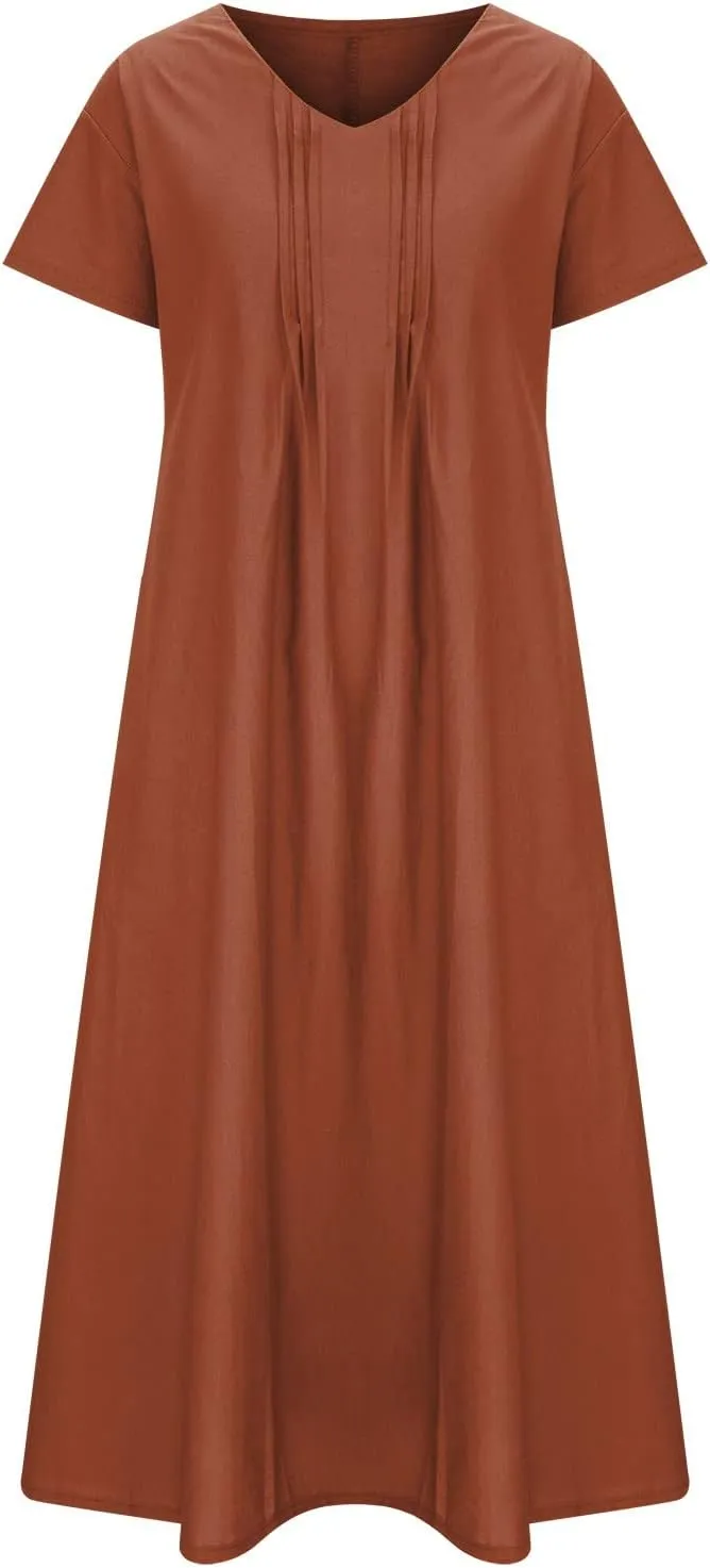 Summer Dress for Women Plus Size Short Sleeve Linen Shirt Dresses Crewneck Maxi Dress Business Casual Dresses