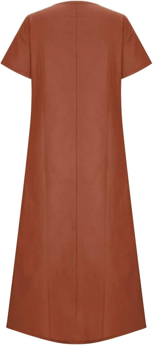 Summer Dress for Women Plus Size Short Sleeve Linen Shirt Dresses Crewneck Maxi Dress Business Casual Dresses